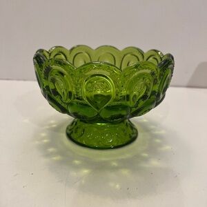 LE Smith Moon And Stars Green Glass Candy Dish Bowl Footed Compote 6 1/4”